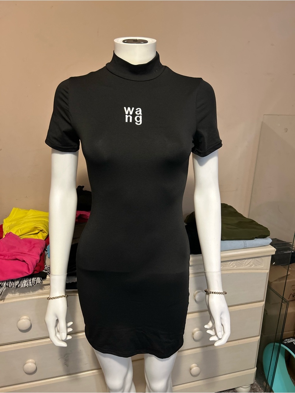 Alexander Wang Black Mock-Neck Bodycon Dress with White Logo